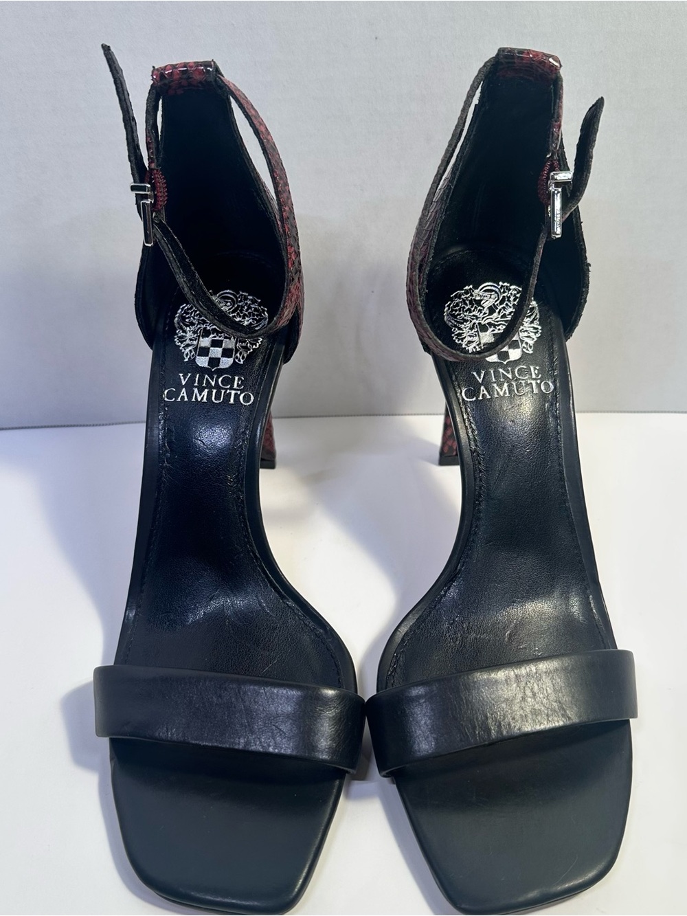 Vince Camuto Black Sandal Heels with Burgundy Accents